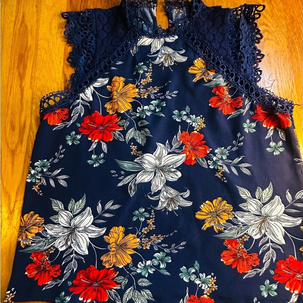SHEIN Navy Floral Lace Blouse